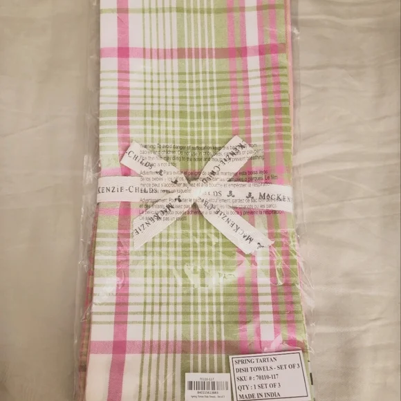 NWT Mackenzie-Childs Dish Towels | Set of Three | Pink and Green - Picture 5 of 5